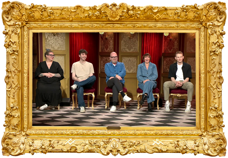 Image of the panel of contestants seated on stage together during this episode.