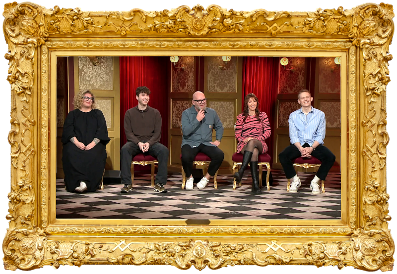Image of the panel of contestants seated on stage together during this episode.