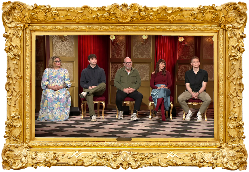 Image of the panel of contestants seated on stage together during this episode.