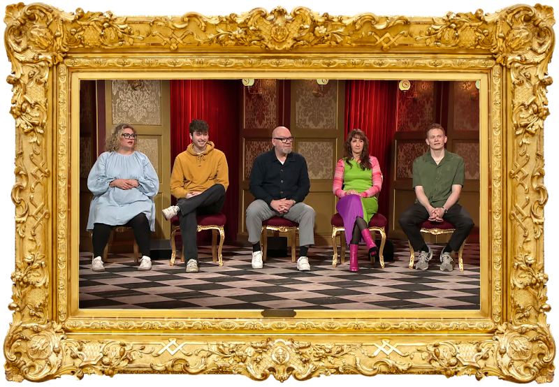 Image of the panel of contestants seated on stage together during this episode.