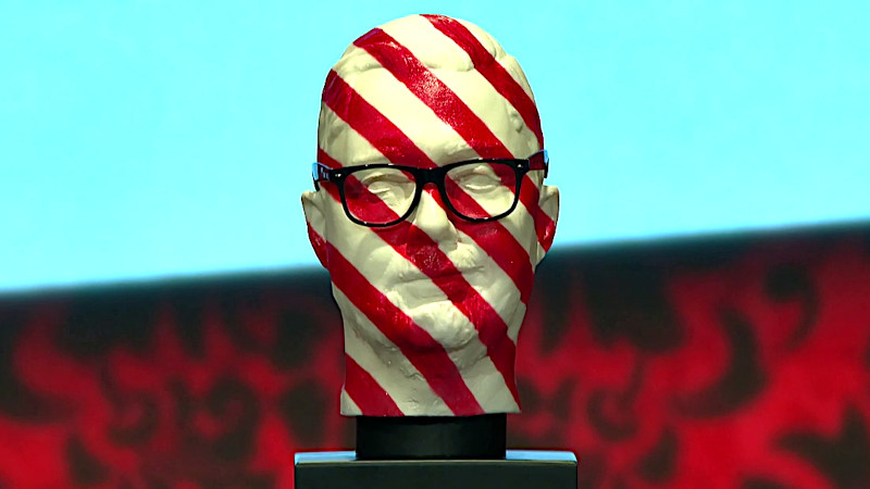 Image of the prize in this festive special: a version of Lasse Rimmer's head made from striped, boiled candy.