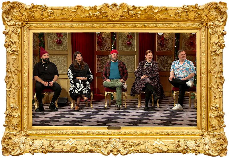 Image of the panel of contestants seated on stage together during this episode.