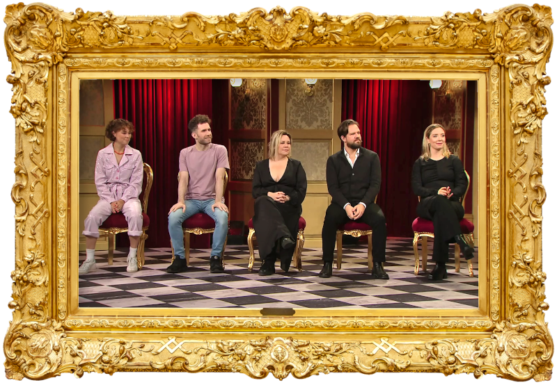 Image of the panel of contestants seated on stage together during this episode.