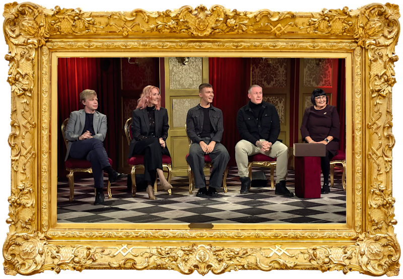 Cover image for the first New Year's special of the Danish show Stormester, picturing the cast seated on stage together.