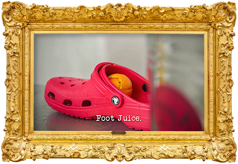Image of a red croc with some orange peel inside of it (a reference to the 'Fill the glass with orange juice' task), with the episode title, 'Foot juice', superimposed on it.