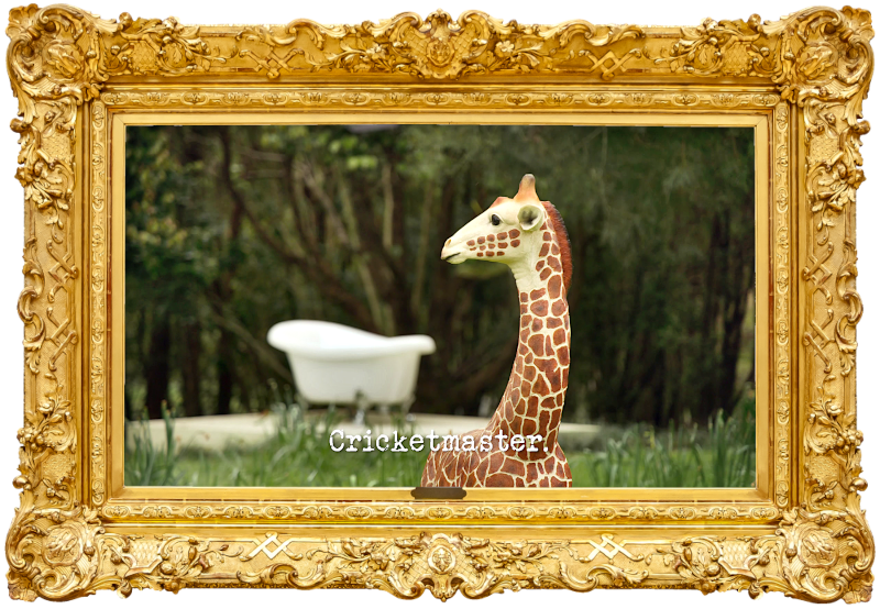 Image of a plastic giraffe in front of a bathtub on a lawn (a reference to the 'Perform the most passionate cricket appeal' task), with the episode title, 'Cricketmaster', superimposed on it.