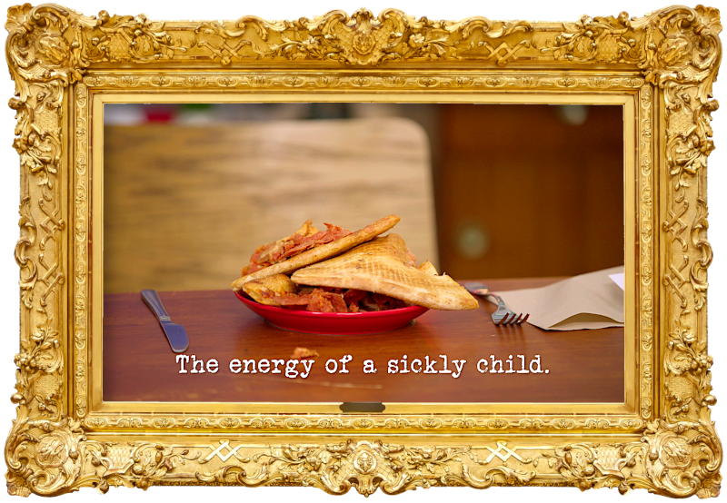 Image of a stack of pizza slices on a plate (a reference to the 'Deliver the pizza to Tom' task), with the episode title, 'The energy of a sickly child', superimposed on it.