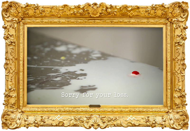 Image of milk spilled over a stainless steel table (a reference to the 'Throw a tantrum' task), with the episode title, 'Sorry for your loss', superimposed on it.
