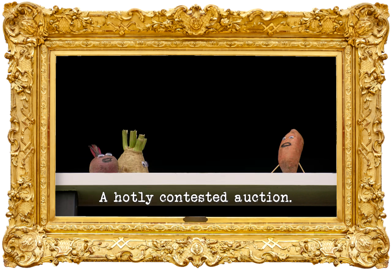 Image of a beetroot, a celeriac, and a sweet potato with googly eyes and mouths drawn on in marker pen, on the balcony of the Taskmaster house (taken during Jenny Tian's attempt at the 'Do something breath-taking with a root vegetable' task), with the episode title, 'A hotly contested auction', superimposed on it.