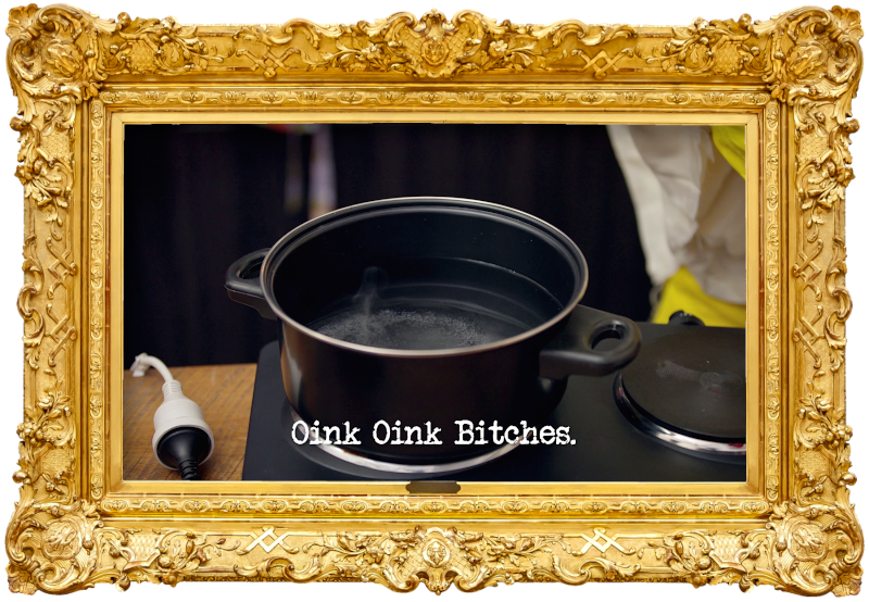 Image of a pan of water on a stovetop (taken during Jenny Tian's attempt at the 'Live by the mantra created by another contestant' task), with the episode title, 'Oink oink bitches', superimposed on it.
