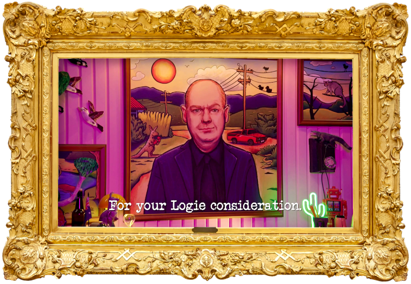 Image of Tom Gleeson's portrait in the study, with the episode title, 'For your Logie consideration', superimposed on it.