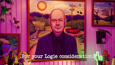 Image of Tom Gleeson's portrait in the study, with the episode title, 'For your Logie consideration', superimposed on it.