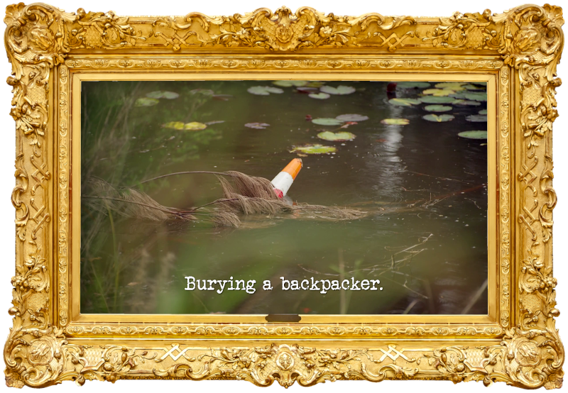 Image of a traffic cone submerged in a pond (a reference to Rhys Nicholson's attempt at the 'Hide 10 traffic cones from Tom' task), with the episode title, 'Burying a backpacker', superimposed on it.