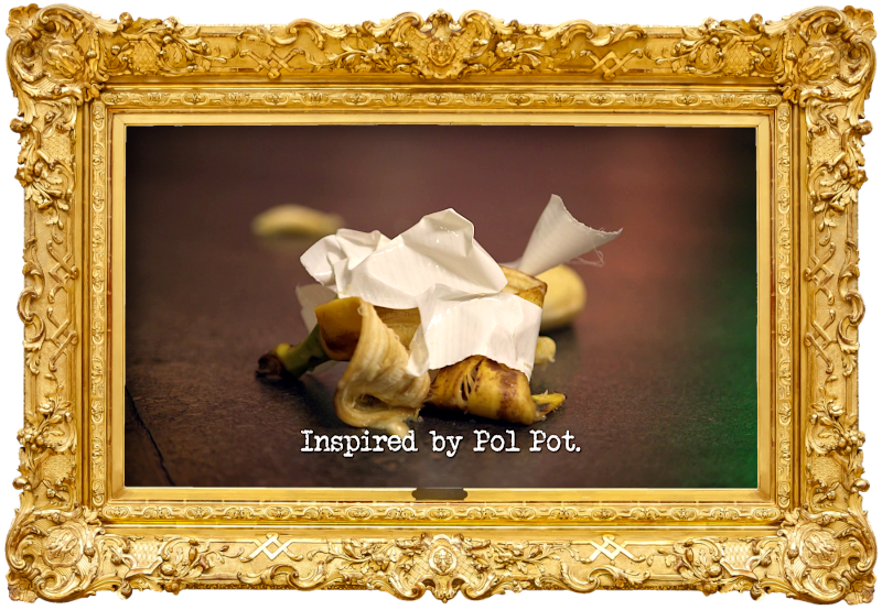 Image of a mangled banana wrapped in white gaffer tape (a reference to Rhys Nicholson's attempt at the 'Make an instructional video for the Taskmaster' task), with the episode title, 'Inspired by Pol Pot', superimposed on it.