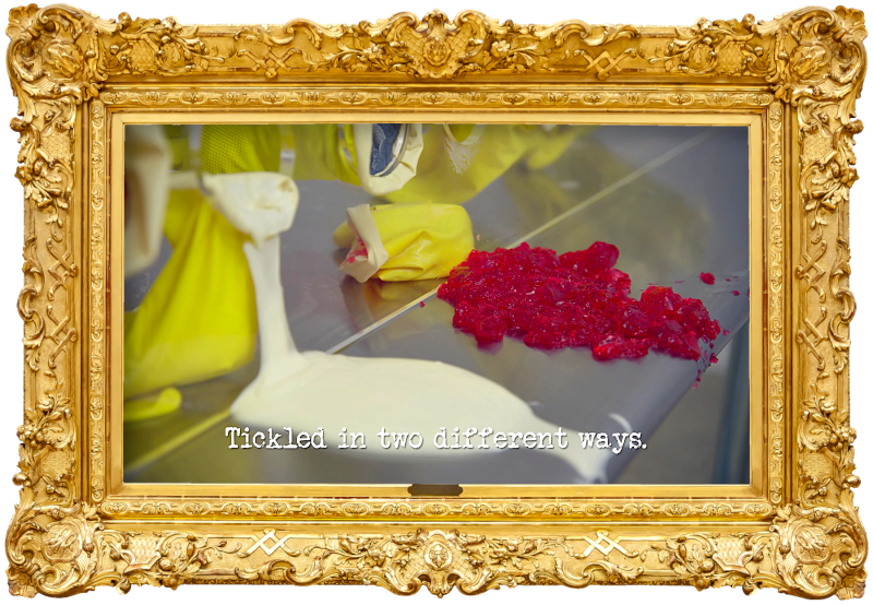 Image of mayonnaise and red jelly spilled on a stainless steel table (a reference to Aaron Chen's attempt at the ‘Identify the contents of the gloves’ task), with the episode title, ‘Tickled in two different ways’, superimposed on it.