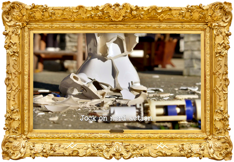 Image of a shattered porcelain toilet on a concrete floor (a reference to Tommy Little's attempt at the 'Be a man' task), with the episode title 'Jock on nerd action' superimposed on it.