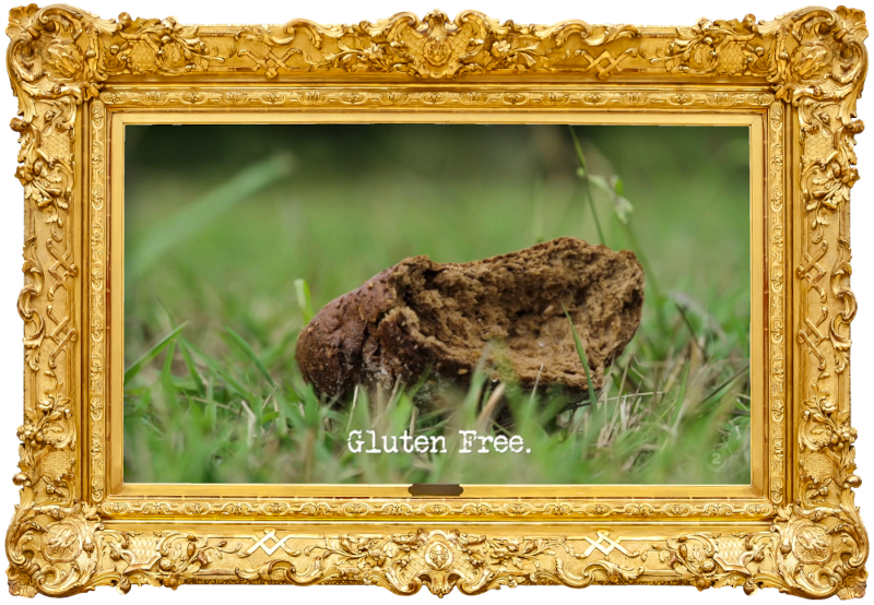 Image of a chunk of bread lying on a lawn (a reference to the 'Hit a piece of fruit with some bread' task), with the episode title, 'Gluten free', superimposed on it.