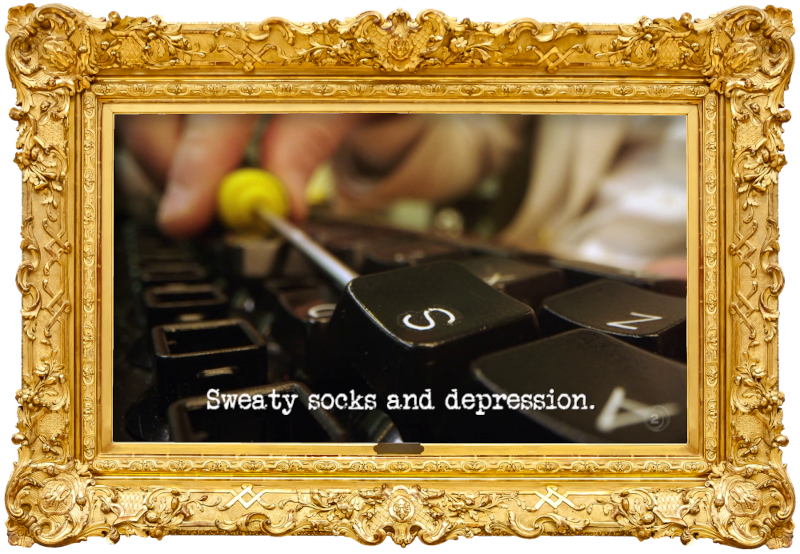 Image of someone prising the keys off of a computer keyboard with a screwdriver (a reference to the 'Reassemble a keyboard / Type a message to the Taskmaster' task), with the episode title, 'Sweaty socks and depression', superimposed on it.