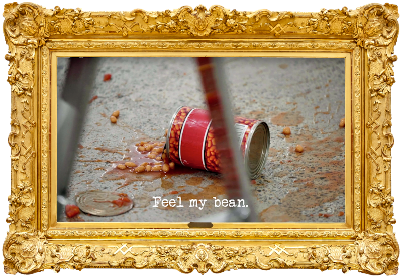 Image of an opened, spilled tin of beans on the floor of the lab (a reference to the 'Spill the beans' task), with the episode title, 'Feel my bean', superimposed on it.