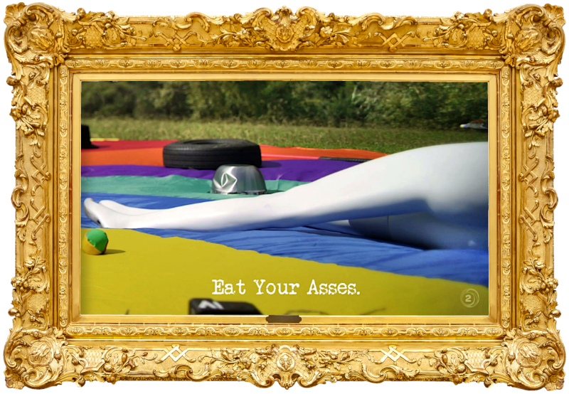 Image of a garden parachute with multiple assorted items scattered across it, including a mannequin's legs (a reference to the 'Evacuate the items from the parachute' task), with the episode title, 'Eat your asses', superimposed on it.