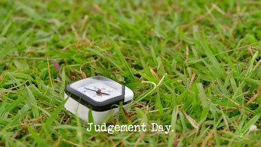 Image of an alarm clock lying on the lawn (presumably a reference to Matt Heath's attempt at the 'Time-travel' task), with the episode title, 'Judgement day', superimposed on it.