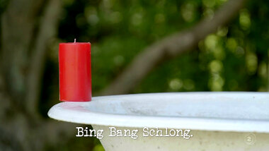 Image of a candle on the edge of a bathtub (a reference to Matt Heath's attempt at the 'Take Paul on the perfect first date' task), with the episode title, 'Bing bang schlong', superimposed on it.