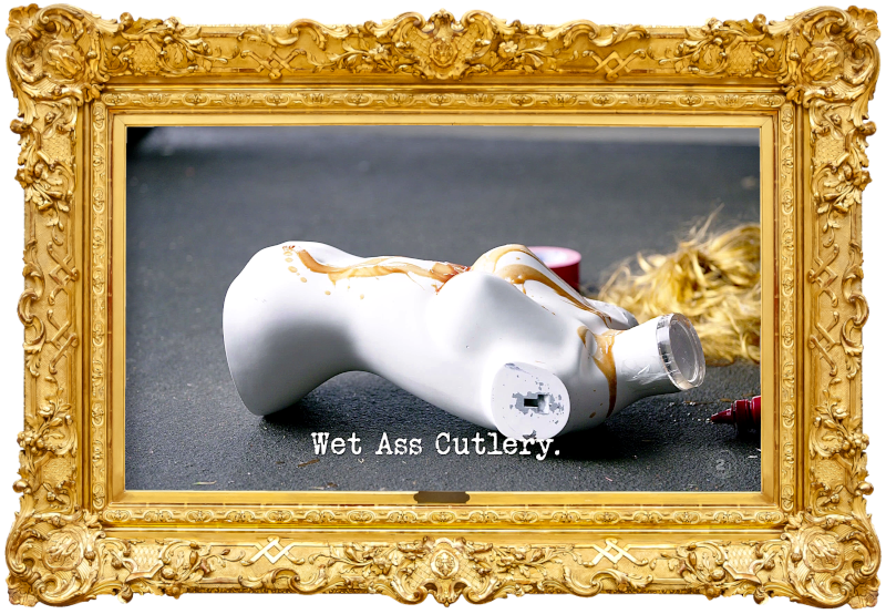 Image of a female mannequin's torso, covered in tomato ketchup, lying on the ground (a reference to the 'Trick or treat Paul' task), with the episode title, 'Wet Ass Cutlery', superimposed on it.