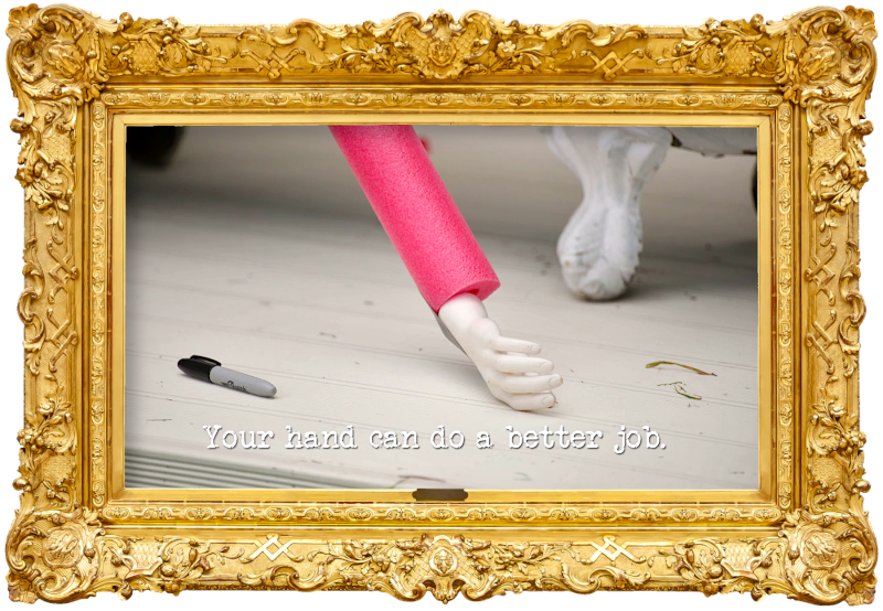 Image of a mannequin hand stuck into a pool noodle (a reference to Dai Henwood's attempt at the 'Get married' task), with the episode title, 'Your hand can do a better job', superimposed on it.
