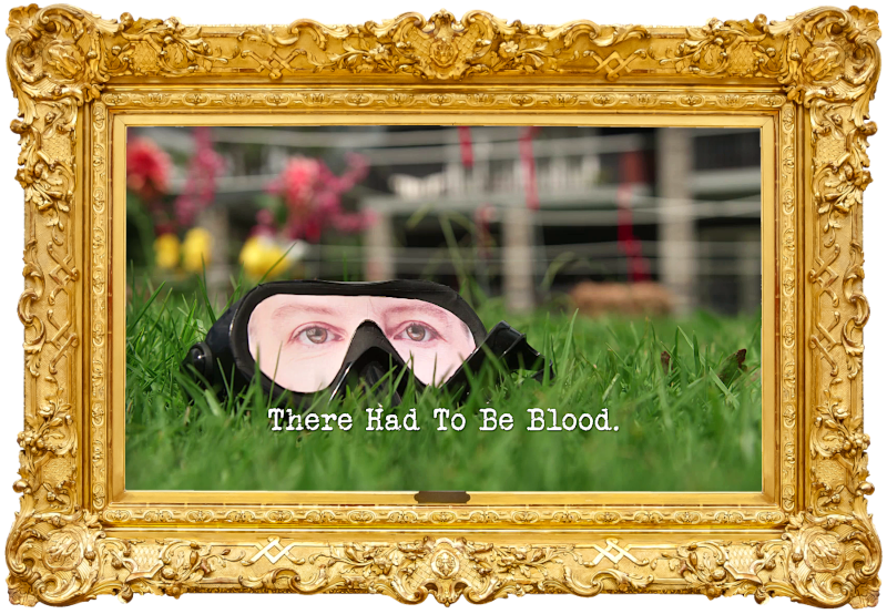 Image of a pair of goggles with Karen O'Leary's eyes printed on the front (a reference to the 'Direct your team-mate through the maze' task), with the episode title, 'There had to be blood', superimposed on it.