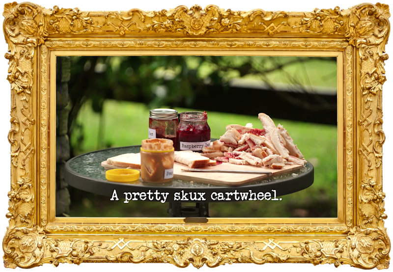 Image of a table covered in half-eaten peanut butter and jam sandwiches (a reference to the 'Win a point against Paul in table tennis' task), with the episode title, 'A pretty skux cartwheel', superimposed on it.