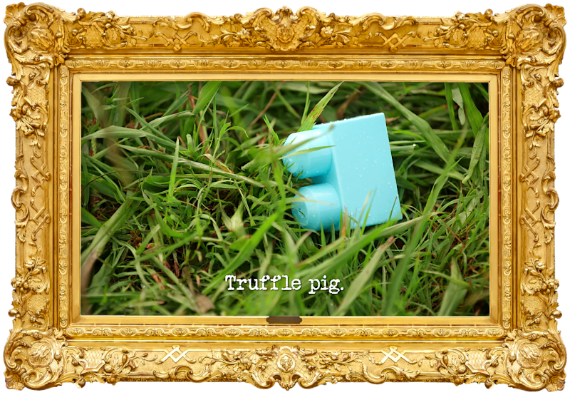 Image of a light blue toy brick lying in the grass (a reference to the 'Knock the fine china off the towers' task), with the episode title, 'Truffle pig', superimposed on it.