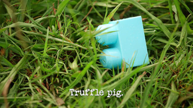 Image of a light blue toy brick lying in the grass (a reference to the 'Knock the fine china off the towers' task), with the episode title, 'Truffle pig', superimposed on it.