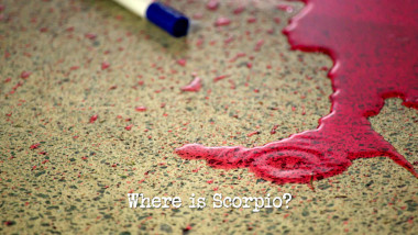 Image of a puddle of red punch on the floor,a dn the end of a dry erase marker (a reference to the 'Ruin the office leaving party' task), with the episode title, 'Where is Scorpio?', superimposed on it.