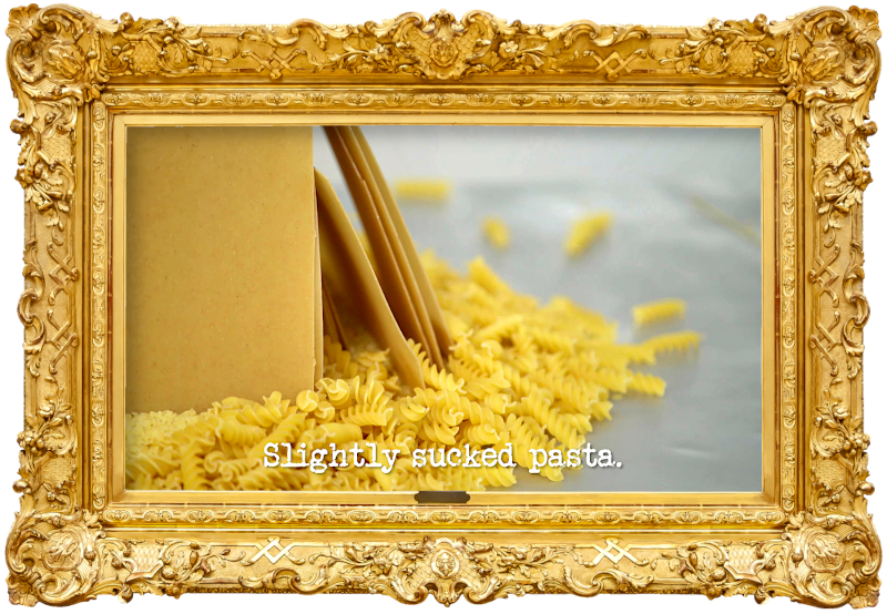 Close-up image of some fusilli and some lasagna sheets stacked on a table (a reference to Hayley Sproull and Ben Hurley's attempt at the 'Make a leaning tower of dry pasta' task), with the episode title, 'Slightly sucked pasta', superimposed on it.