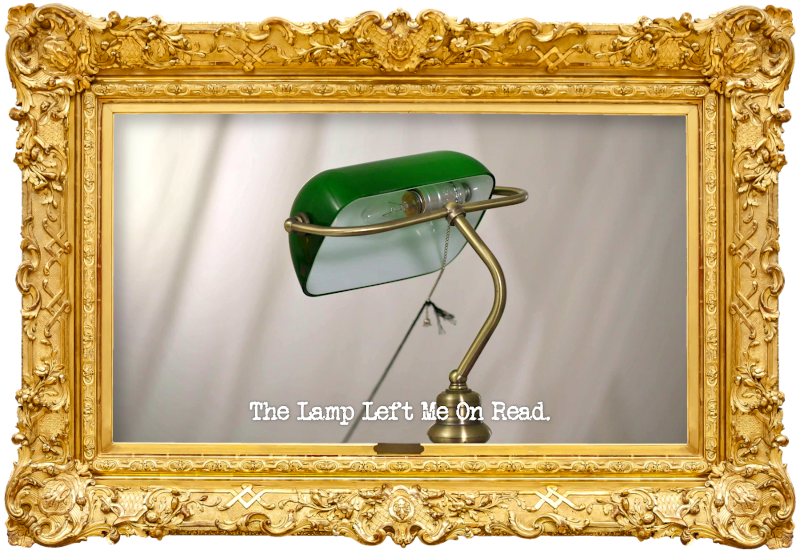 Image of a desk lamp with some string tied to its pull-cord (presumably a reference to Abby Howells' attempt at the 'Turn on a lamp in the lab' task), with the episode title, 'The lamp left me on read', superimposed on it.