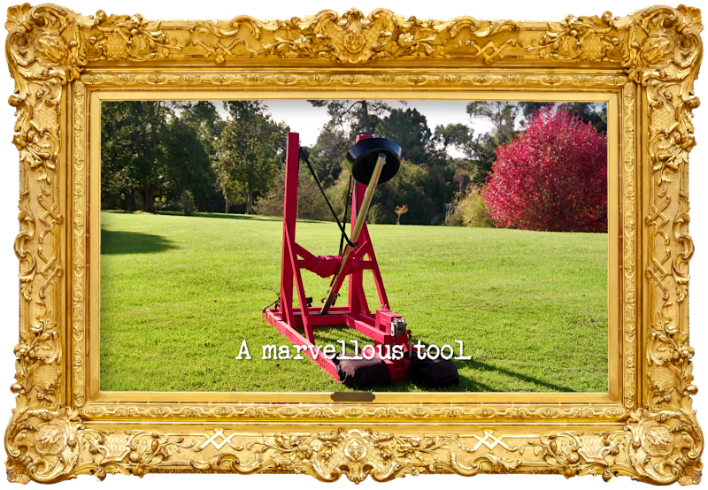 Image of a large red catapult on the lawn of the Taskmaster house (a reference to the 'Protect the egg' task), with the episode title, 'A marvellous tool', superimposed on it.