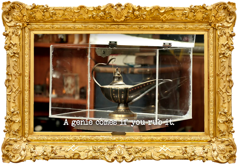 Image of an oil lamp inside a Perspex box (a reference to the 'Say the magic phrase while rubbing the lamp' task), with the episode title, 'A genie comes if you rub it', superimposed on it.