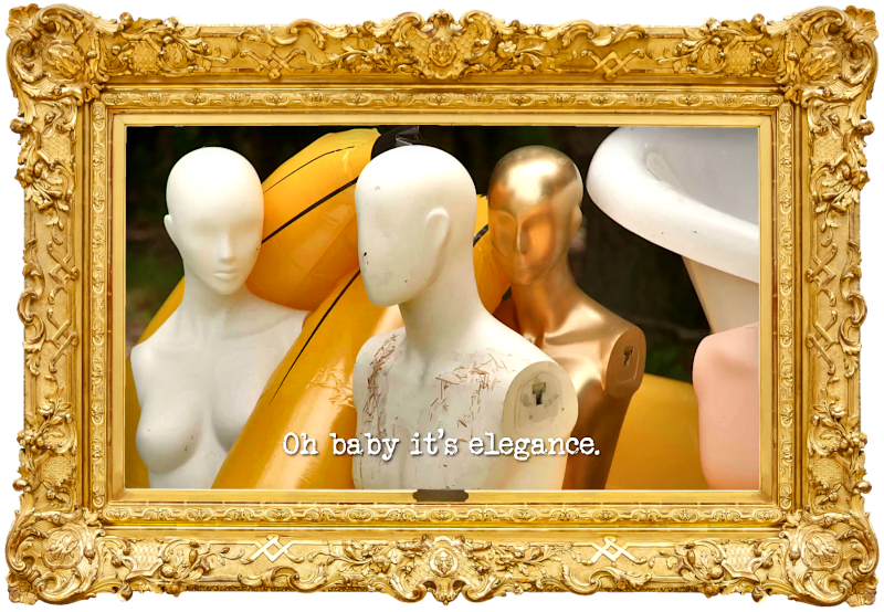 Image of a collection of mannequins and inflatable bananase (a reference to Hayley Sproulls' attempt at the 'Invent a new country' task), with the episode title, 'Oh baby it’s elegance', superimposed on it.