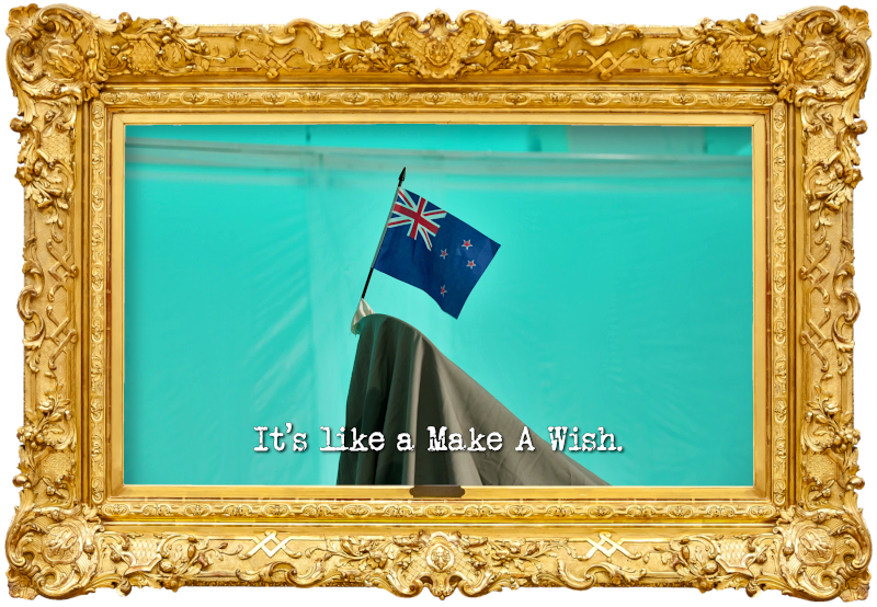 Image of a small New Zealand flag planted in the top of a fabric mountain peak in the lab (a reference to Bree Tomasel's attempt at the 'Film an origin story for your favourite idiom' task), with the episode title, 'It’s like a Make A Wish', superimposed on it.