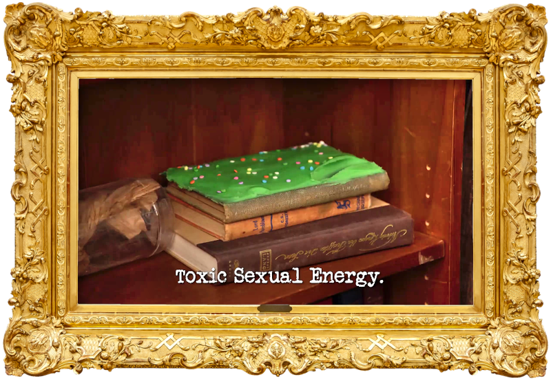 Image of a small stack of books on a bookshelves, the topmost of which has been covered in icing (a reference to the 'Find your cake and eat it' task), with the episode title, 'Toxic Sexual Energy', superimposed on it.