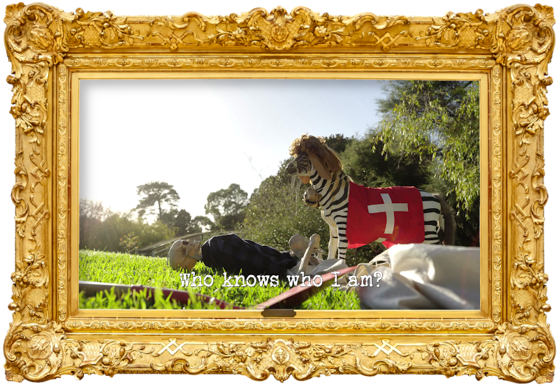 Image of a skeleton lying on the grass, being overlooked by a fibreglass zebra dressed as a St Bernard (a reference to Jackie van Beek's attempt at the 'Film an extremely climatic scene' task), with the episode title, 'Who knows who I am?', superimposed on it.