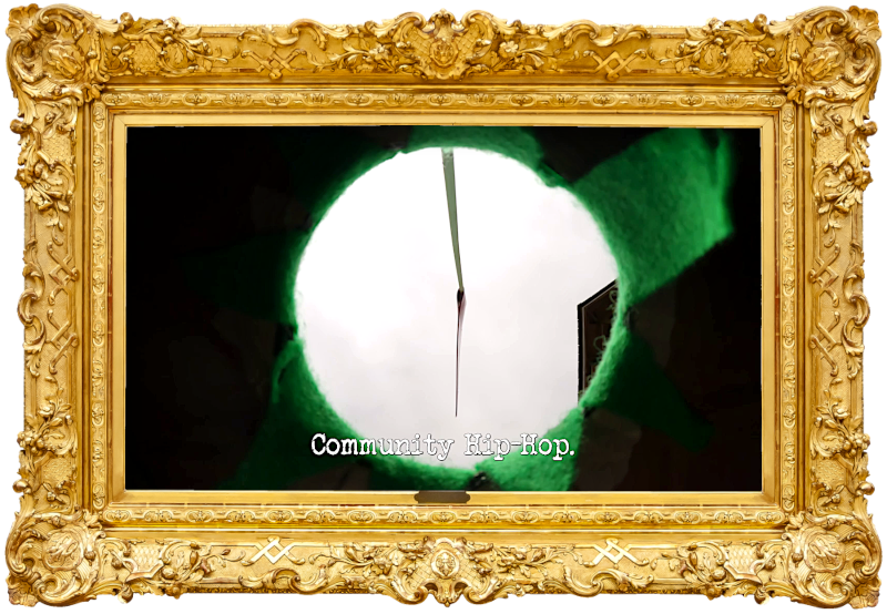 Image taken from the bottom of a golf hole, looking up at a flag against the sky (a reference to the 'Get the ball in the hole' task), with the episode title, 'Community Hip-Hop', superimposed on it.