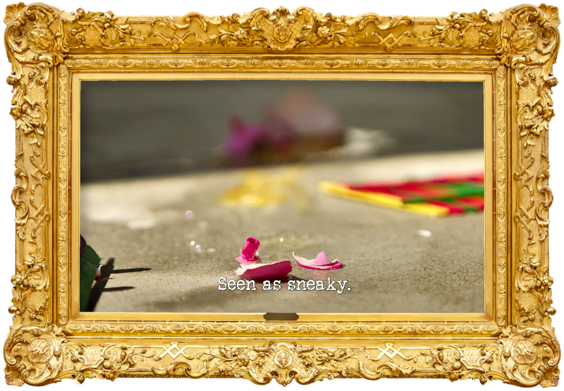 Image of some pieces of broken egg shell and panels made up up glued-together lollipop sticks lying on a concrete floor (a reference to the 'Protect the pig' task), with the episode title, 'Seen as sneaky', superimposed on it.