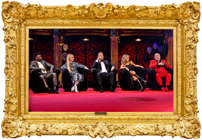 Image of the cast of the special seated together on stage.