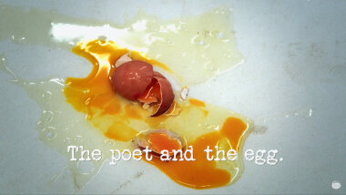 Image of a broken egg on the floor (taken from Roisin’s failed attempt at the 'Get an egg as high as possible' task), with the episode title, ‘The poet and the egg’, superimposed on it.
