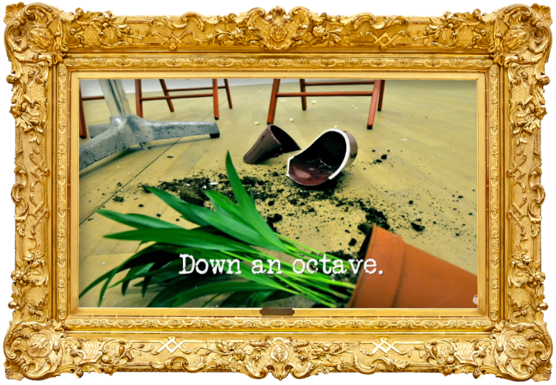 Image of a broken plant pot on the floor of a squash court (taken during the 'Score 11 points' task), with the episode title, ‘Down an octave’, superimposed on it.