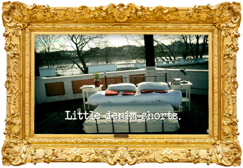 Image of an unmade double bed and nightstands in a bandstand (taken during the 'Make a bed while holding hands' task), with the episode title, ‘Little denim shorts’, superimposed on it.