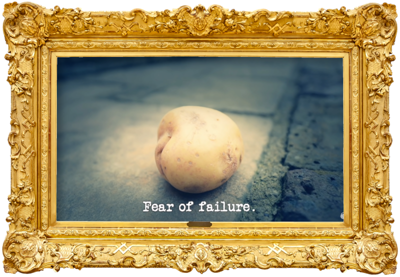 Image of a potato lying on a paved surface (taken during the 'Get the potato into the hole' task), with the episode title, 'Fear of failure', superimposed on it.