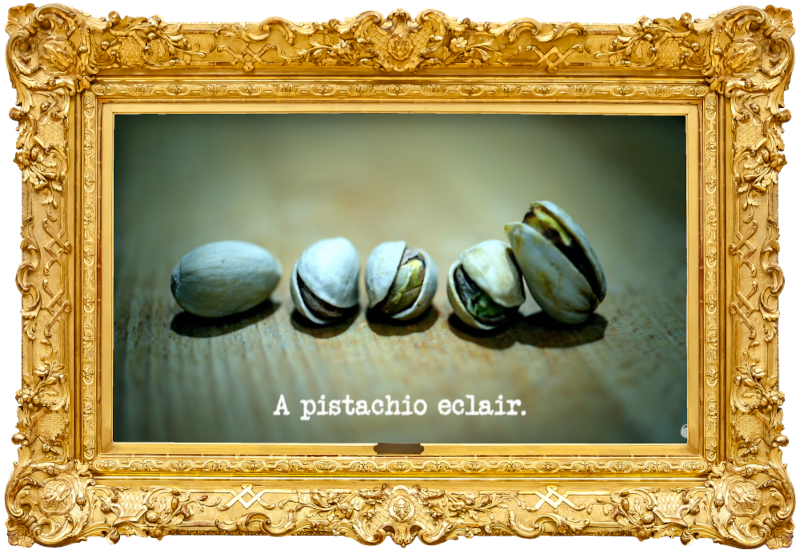 Image of five pistachios on a table (a reference to the flavour of an éclair mentioned by Jon Richardson during his attempt at the 'Impress the Mayor' task), with the episode title, 'A pistachio éclair', superimposed on it.