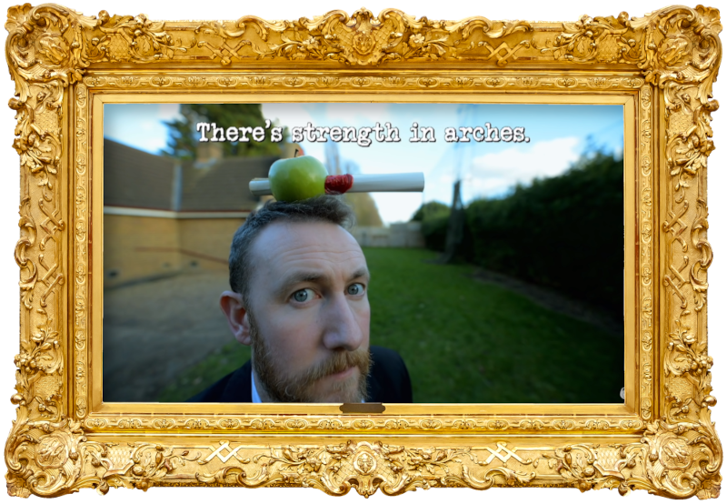 Image of Alex Horne with an apple balanced on his head, through which a rolled-up task brief has been inserted (it's unclear what this image is a reference to...), with the episode title, 'There’s strength in arches', superimposed on it.